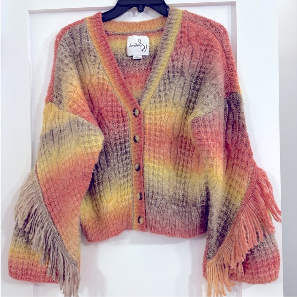 Sam Edelman Wool Sweater Fringe Bell Sleeve Cardigan SMALL Western Cowgirl Chic